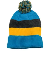 District DT627  - Vintage Striped Beanie with Removable Pom.