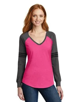 District DM477 Womens Game Long Sleeve V-Neck Tee.