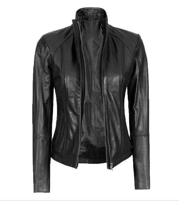 Jnriver JNLJ0001 Acerra Black Cafe Racer Leather Jacket for Women