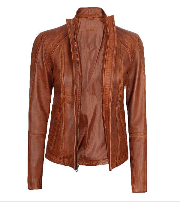 Jnriver JNLJ0002 Acerra Cognac Cafe Racer Leather Jacket for Women