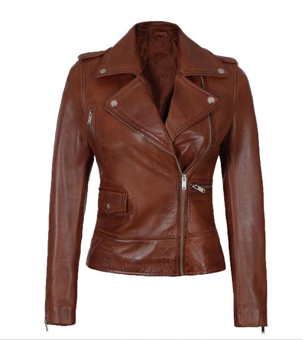 Jnriver JNLJ0005 Amber Cognac Asymmetrical Leather Moto Jacket