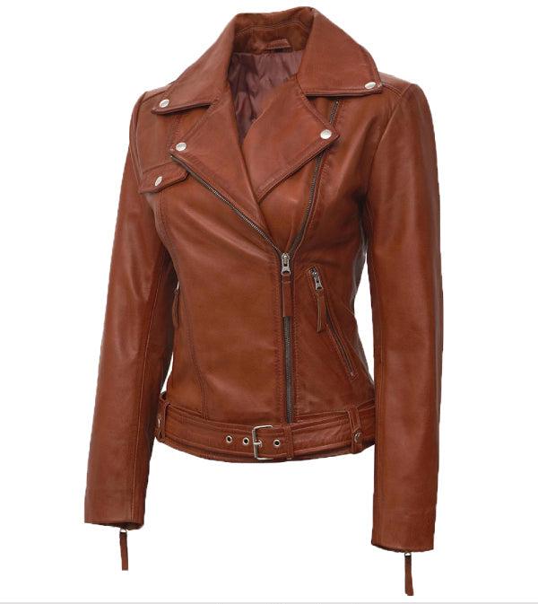 Jnriver JNLJ0007 AngelaWomen's Tan Asymmetrical Leather Moto Jacket