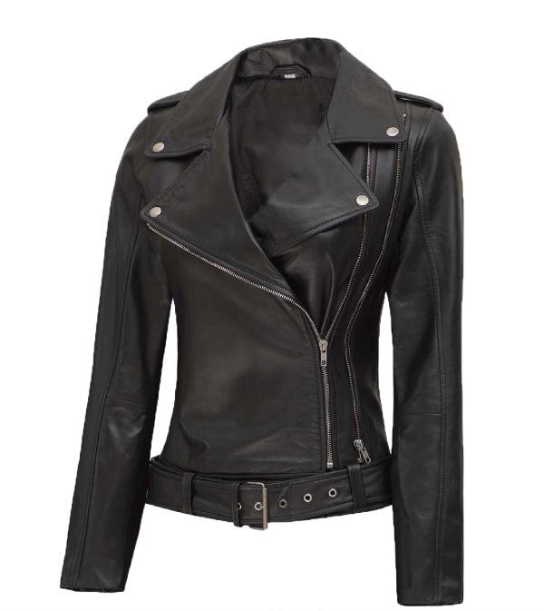Jnriver JNLJ0009 Black Asymmetrical Motorcycle Leather Jacket for Women