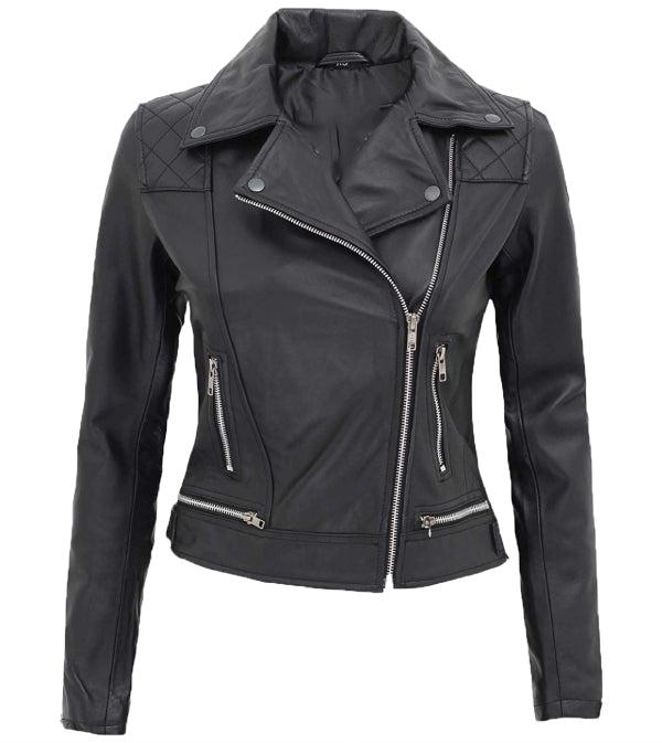Jnriver JNLJ0010 Asti Black Quilted Shoulder Leather Biker Jacket