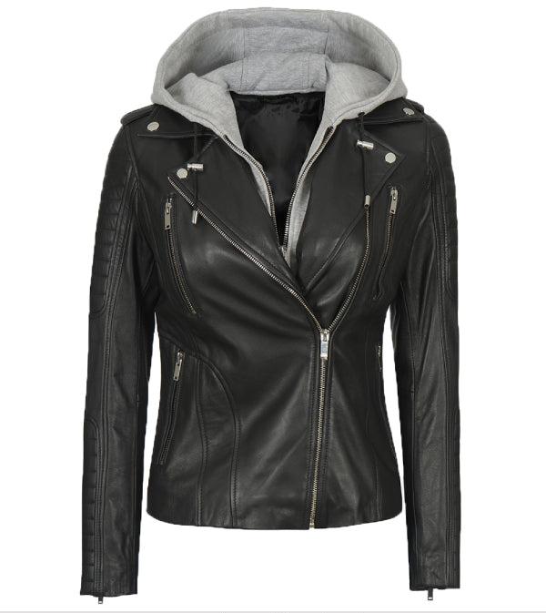 Jnriver JNLJ0013 bagheria Black Leather Jacket with Hood for Women