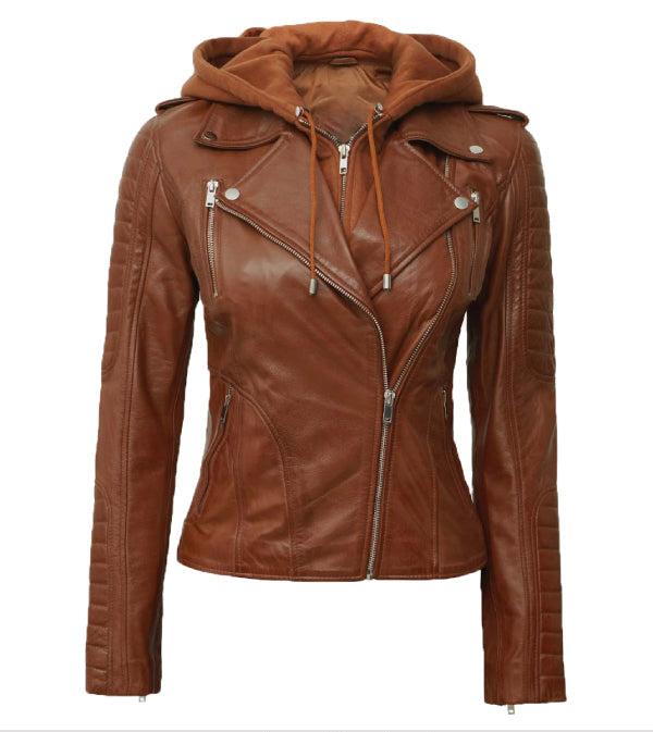 Jnriver JNLJ0014 bagheria Brown Leather Jacket with Removable Hood for Women