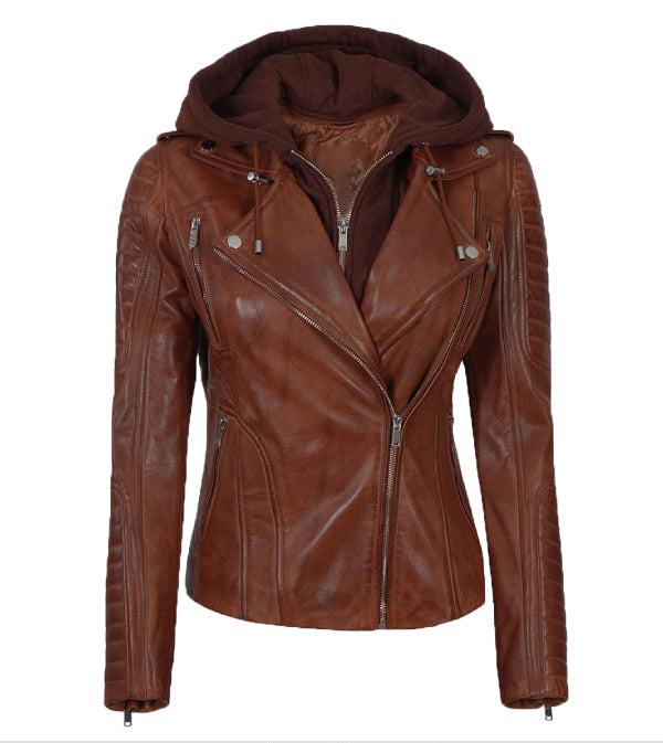 Jnriver JNLJ0015 bagheria Cognac Leather Jacket with Hood for Women