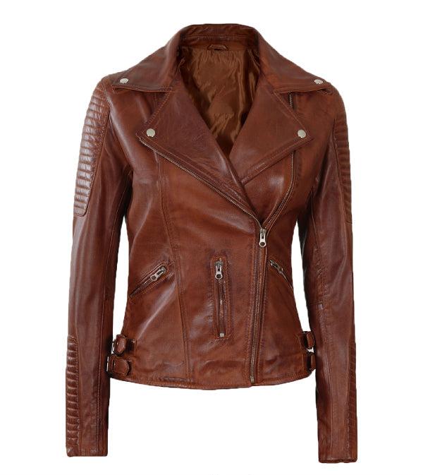 Jnriver JNLJ0016 bari Cognac Asymmetrical Leather Motorcycle Jacket for Women