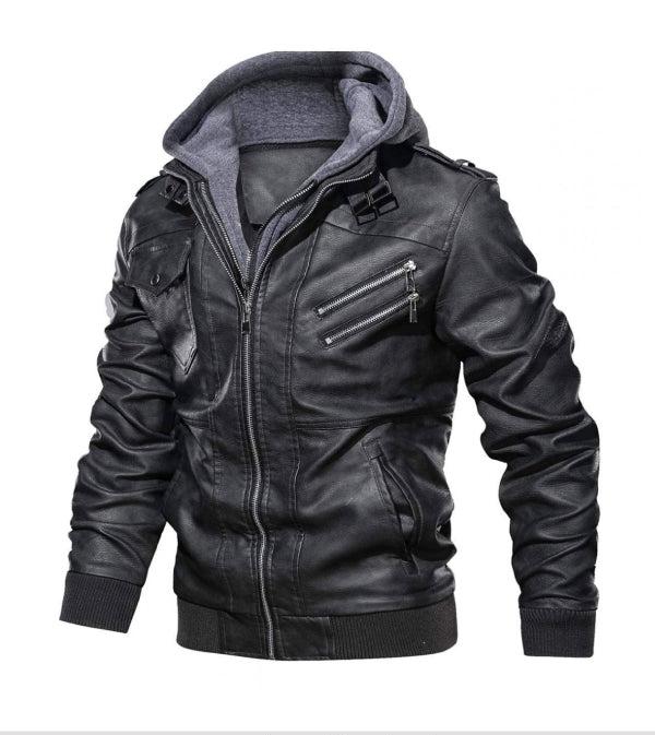 Jnriver JNLJ0019 Black Lambskin Leather Jacket with Removable Hood for Men