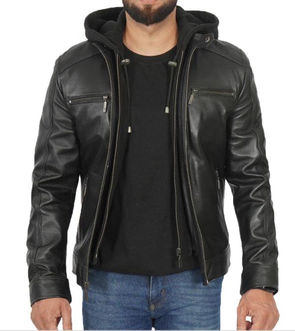 Jnriver JNLJ0021 Black Hooded Leather Jacket for Men
