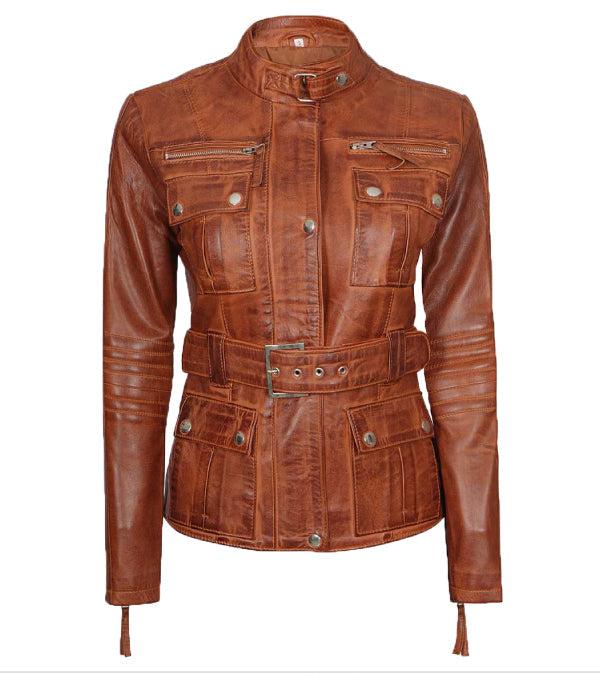 Jnriver JNLJ0026 Women's Cognac Leather Belted Jacket | Four Pockets