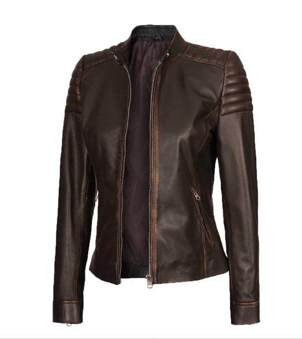 Jnriver JNLJ0030 Carrie Rub Off Brown Women Leather Jacket