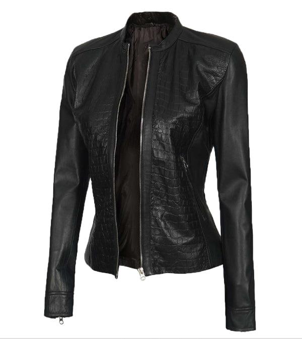 Jnriver JNLJ0032 Women Black Leather Jacket | Crocodile Style Textured Jacket