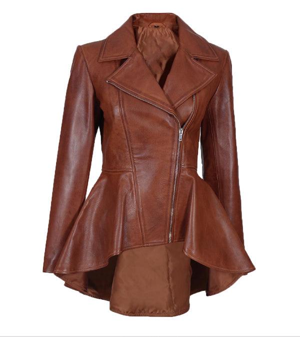 Jnriver JNLJ0034 Clarissa Womens Cognac Peplum Leather Jacket