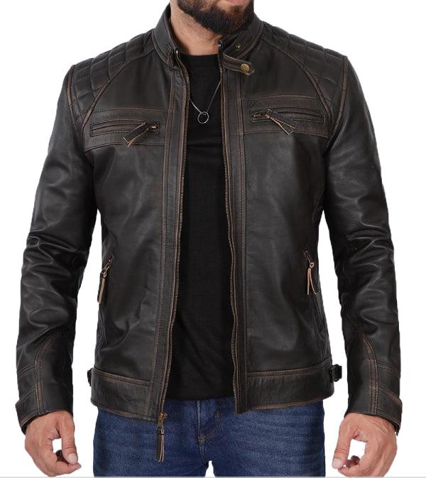 Jnriver JNLJ0035 Claude Mens Biker Brown Quilted Distressed Leather Jacket