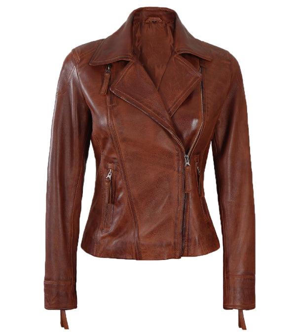 Jnriver JNLJ0036 Cognac Asymmetrical Hand Waxed Leather Biker Jacket Women