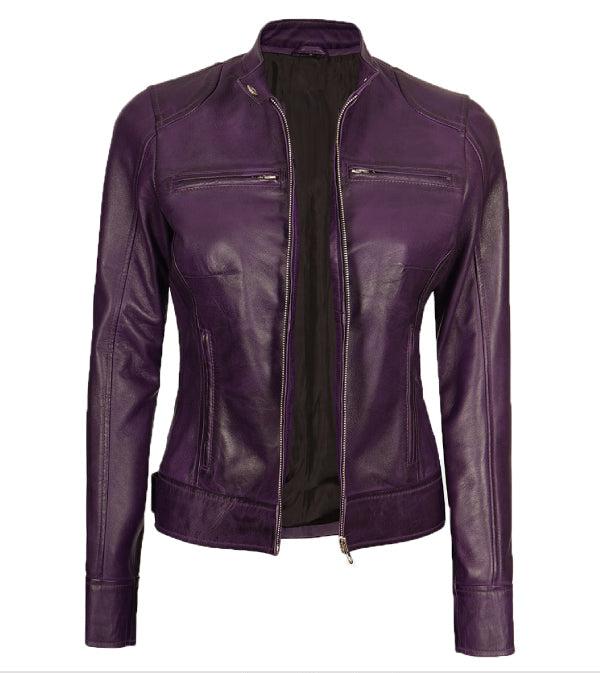 Jnriver JNLJ0047 Dodge Womens Purple Cafe Racer Leather Jacket