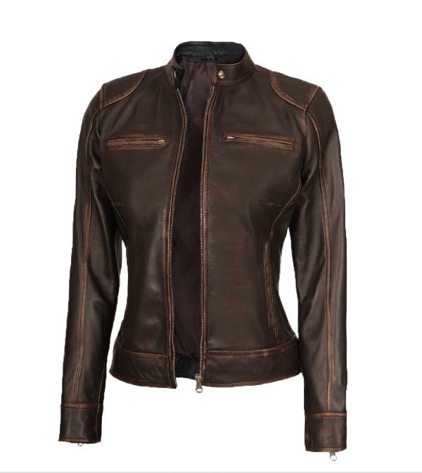 Jnriver JNLJ0048 Dodge Womens Ruboff Brown Distressed Biker Leather Jacket