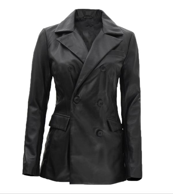 Jnriver JNLJ0049 Double Breasted Black Leather Coat Women