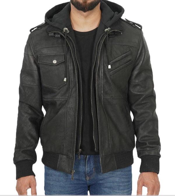 Jnriver JNLJ0050 Edinburgh Mens Black Snuff Leather Jacket with Removable Hood