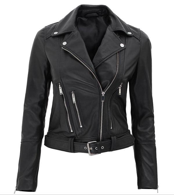 Jnriver JNLJ0054 Elisa Black Asymmetrical Motorcycle Leather Jacket for Women