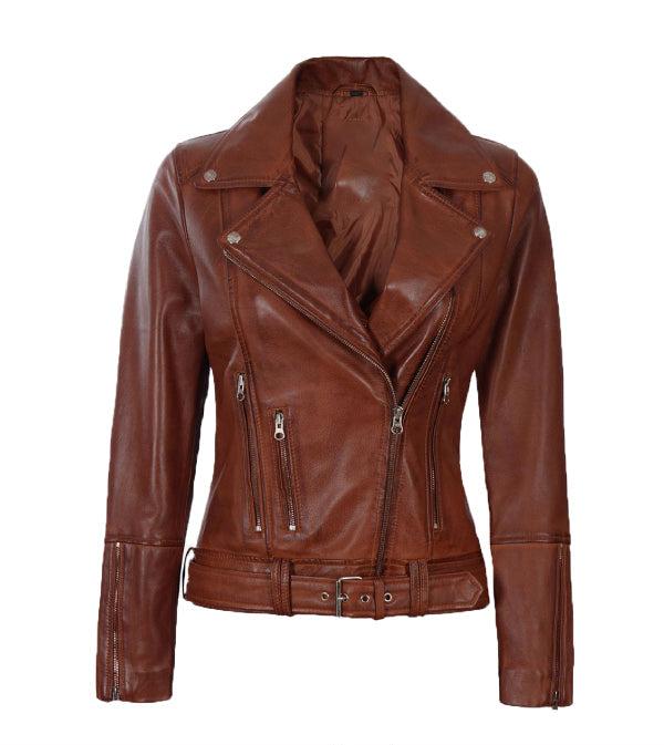 Jnriver JNLJ0055 Elisa Cognac Asymmetrical Leather Motorcycle Jacket for Women with Belted Waist