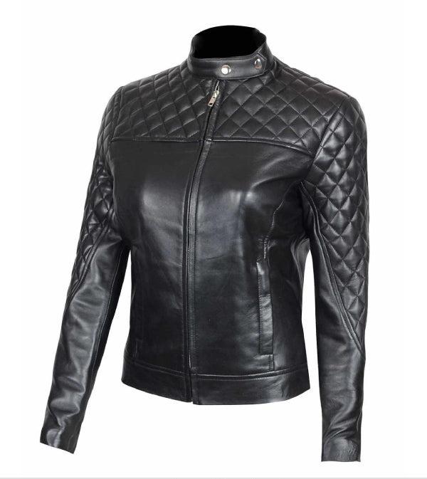 Jnriver JNLJ0056 Ellen Black Quilted Leather Biker Jacket for Women