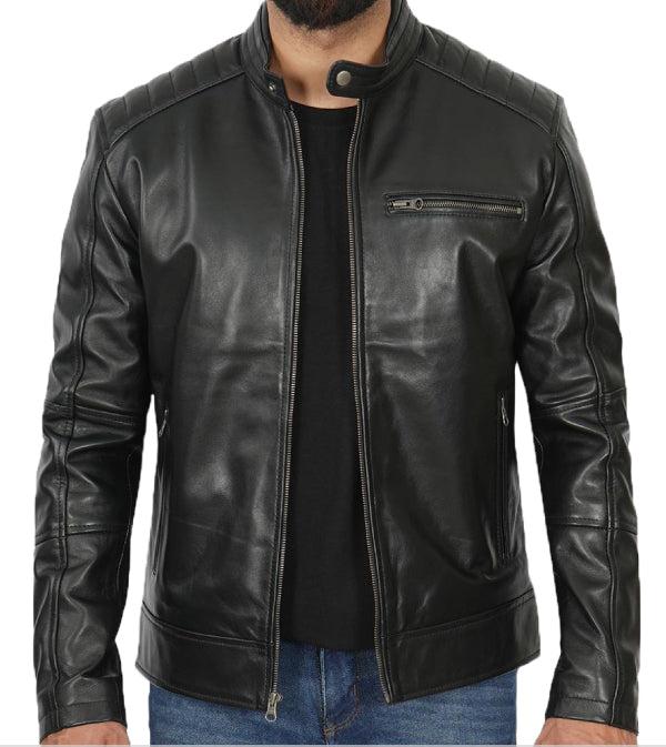 Jnriver JNLJ0057 Everhart Black Cafe Racer Leather Jacket for Men with Padded Shoulder