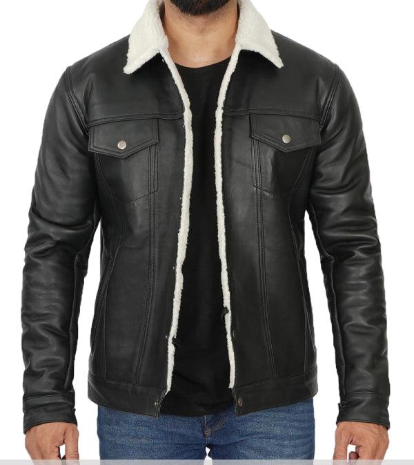 Jnriver JNLJ0058 Fernando Black Shearling Lined Trucker Leather Jacket