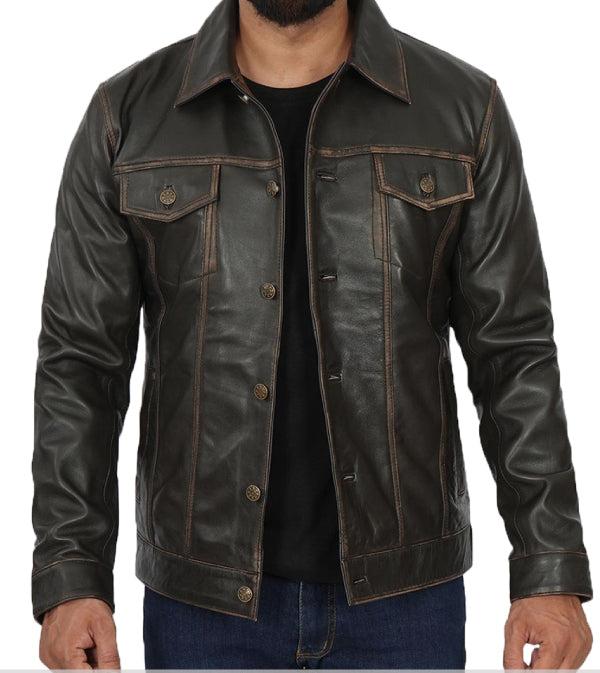 Jnriver JNLJ0060 Fernando Dark Brown Leather Trucker Jacket for Men