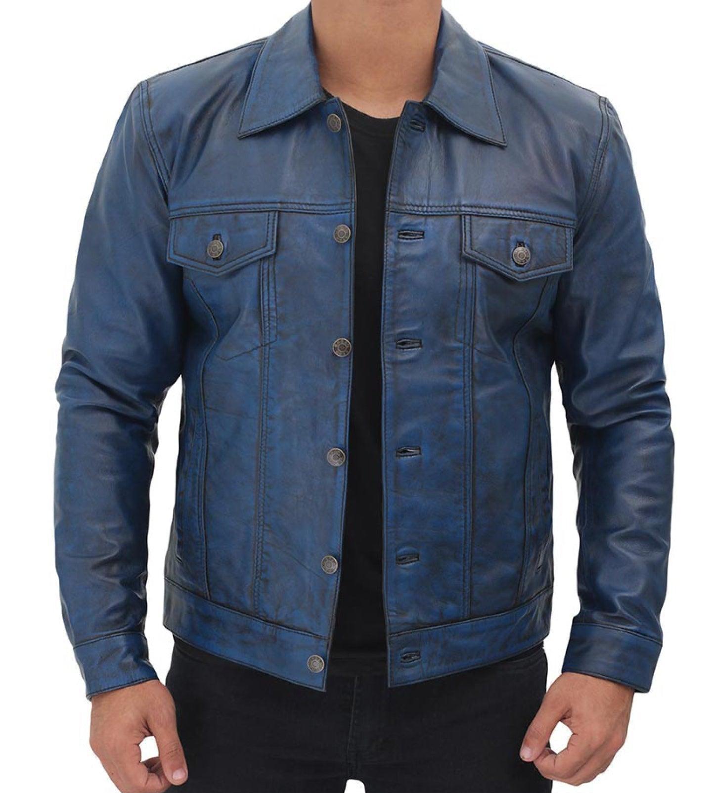 Jnriver JNLJ0061 Fernando Blue Leather Trucker Jacket for Men