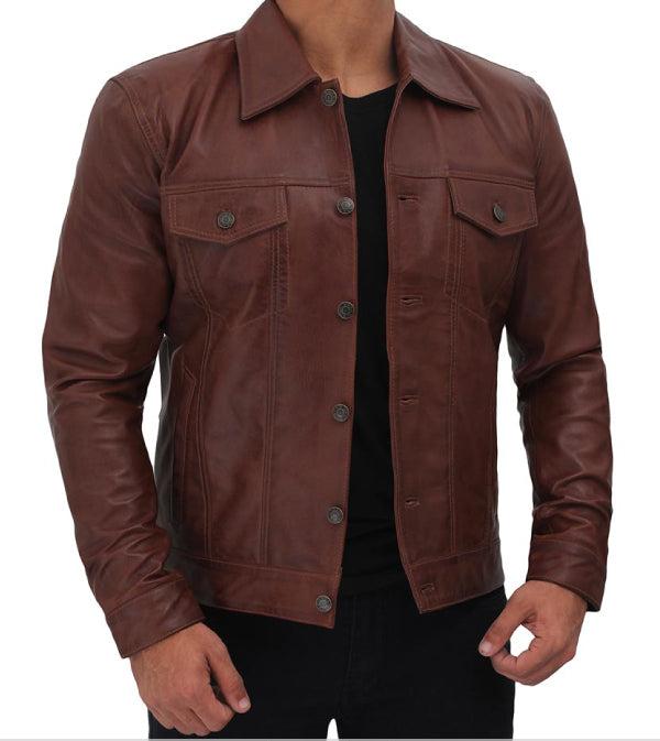 Jnriver JNLJ0062 Fernando Brown Leather Trucker Jacket for Men