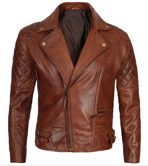 Jnriver JNLJ0064 Frisco Cognac Quilted Motorcycle Leather Jacket for Men