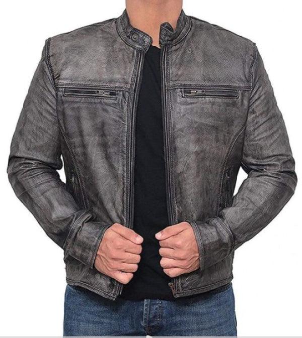 Jnriver JNLJ0065 Garcia Grey Distressed Moto Leather Jacket for Men