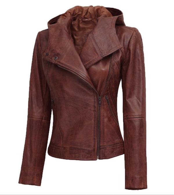 Jnriver JNLJ0066 Georgetta Brown Asymmetrical Leather Jacket with Hood for Women