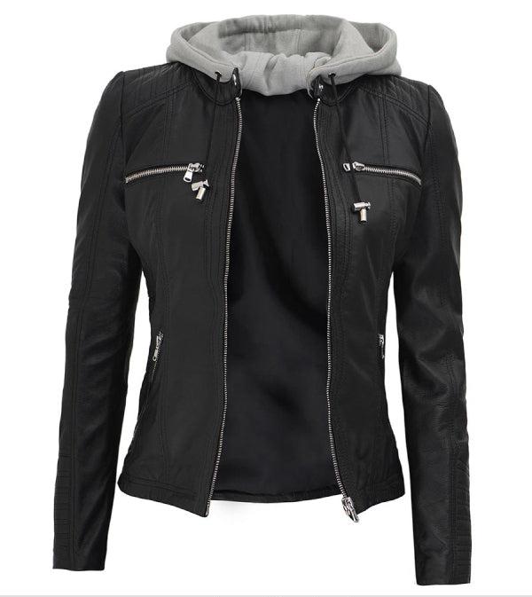 Jnriver JNLJ0068 Gloria Womens Black Leather Jacket With Hood