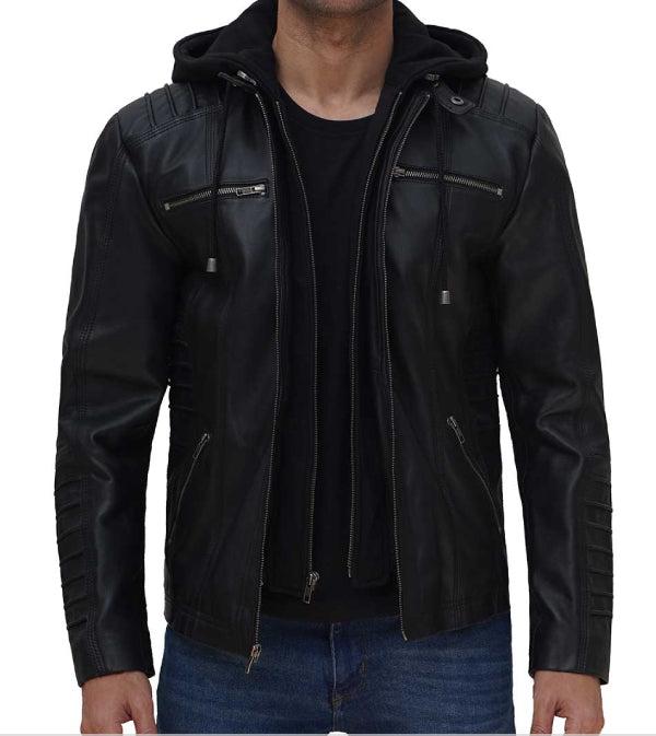 Jnriver JNLJ0069 helen Black Leather Jacket with Removable Hood for Men