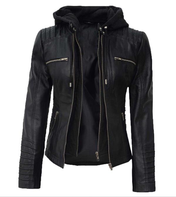 Jnriver JNLJ0070 Helen Black Leather Jacket with Removable Hood for Women