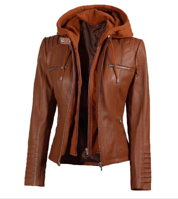 Jnriver JNLJ0071 Helen tan Leather Jacket with Removable Hood for Women