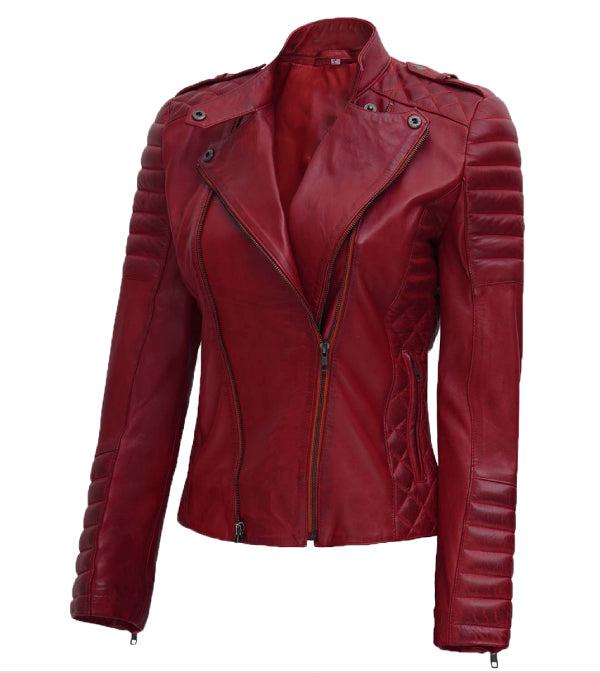 Jnriver JNLJ0072 jannie Red Asymmetrical Padded Leather Jacket