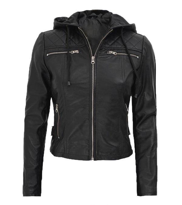 Jnriver JNLJ0073 Joan Black Leather Jacket With Hood for Women