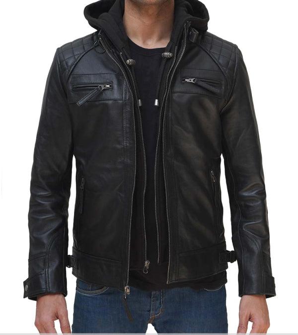 Jnriver JNLJ0074 Johnson Mens Black Leather Jacket With Removable Hood