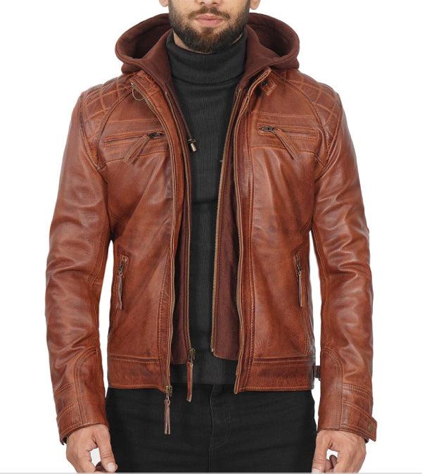 Jnriver JNLJ0075 Johnson Brown Leather Jacket With Removable Hood for Men