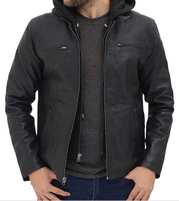 Jnriver JNLJ0077 Jonathan Black Leather Moto Jacket with Removable Hood for Men