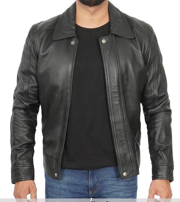 Jnriver JNLJ0078 Keaton Vintage Shirt Collar Black Leather Jacket for Men