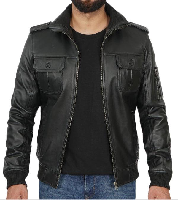 Jnriver JNLJ0079 kemble Black Vintage Leather Bomber Jacket for Men