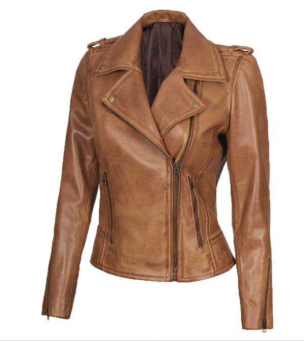 Jnriver JNLJ0081 Kirsten Camel Leather Asymmetrical Biker Jacket for Women