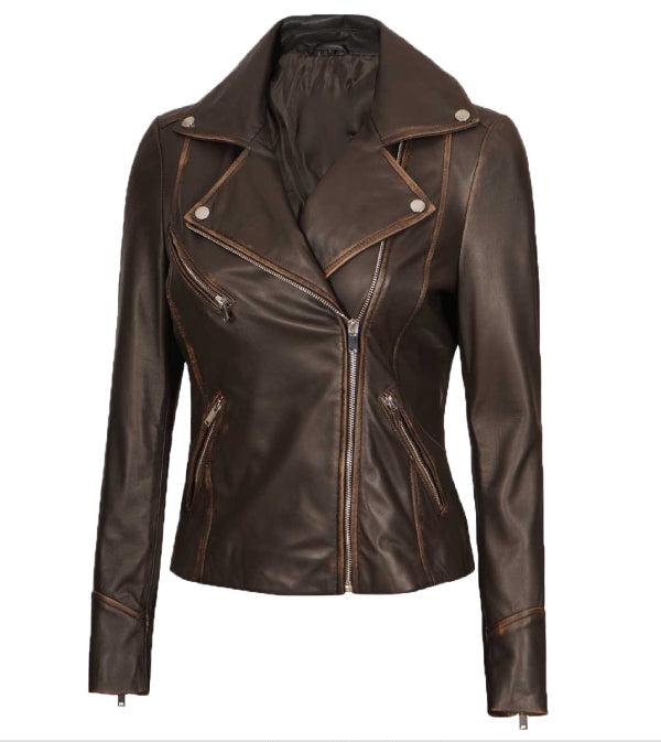 Jnriver JNLJ0082 Kirsten Ruboff Brown Vintage Biker Leather Jacket for Women