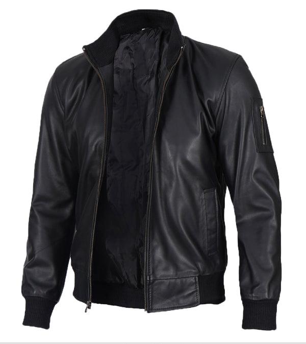Jnriver JNLJ0084 Black Cowhide Leather Bomber Jacket for Men