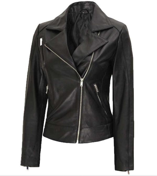 Jnriver JNLJ0085 Linda Asymmetrical Black Leather Moto Jacket for Women